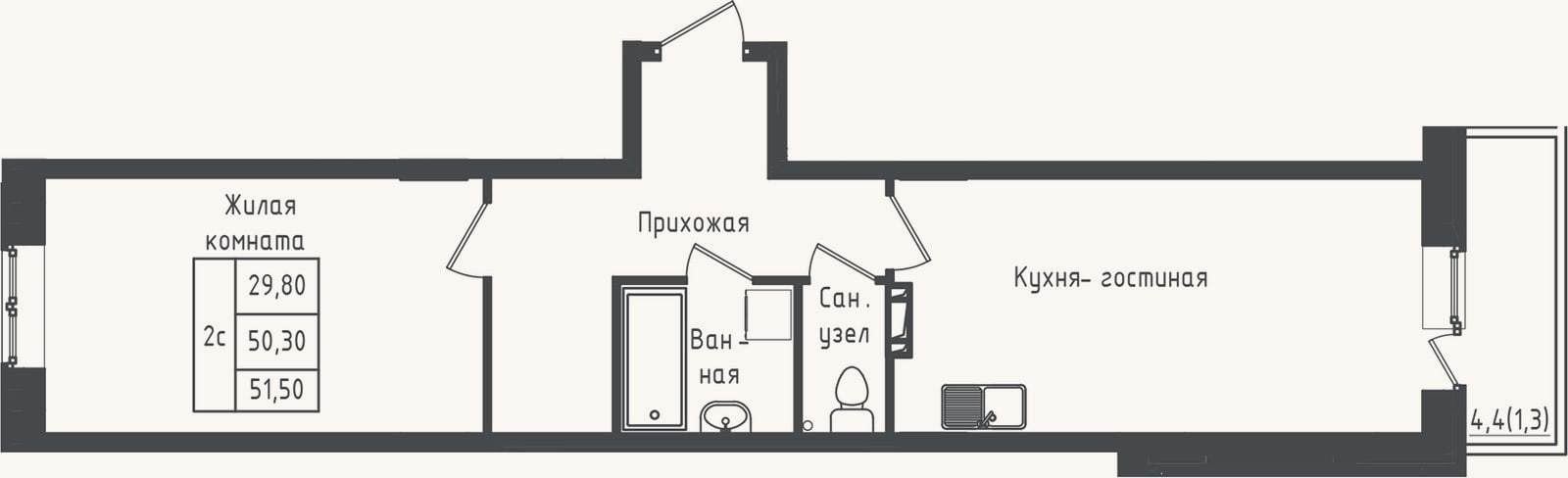 Планировка: 1-к, 50,3 м²