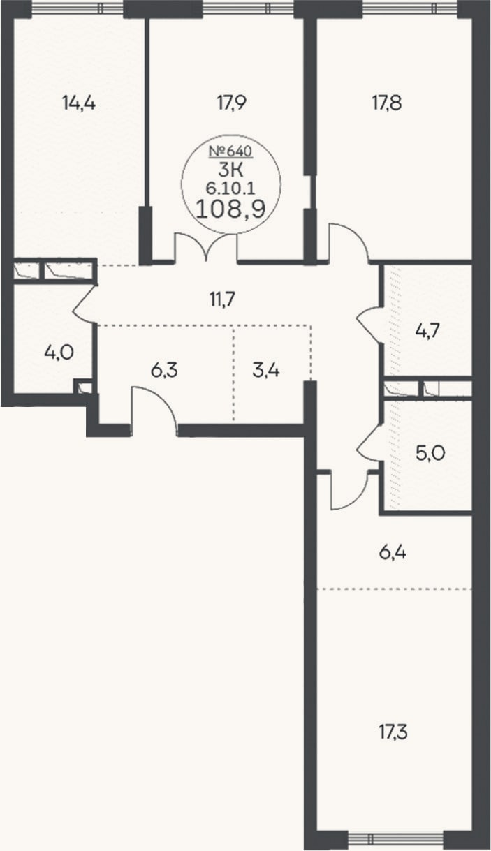 Планировка: 3-к, 108,9 м²