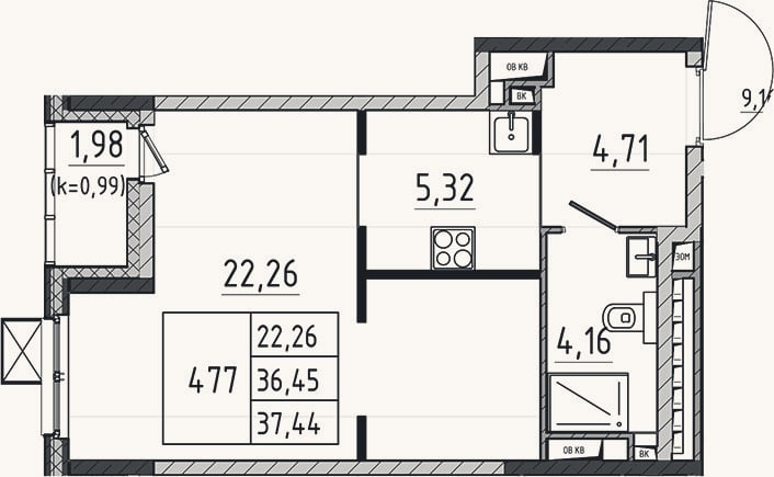 Планировка: Студия, 36,5 м²
