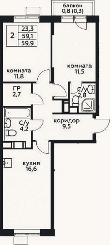 Планировка: 2-к, 59,6 м²