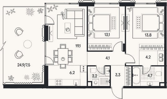 Планировка: 3-к, 70,2 м²