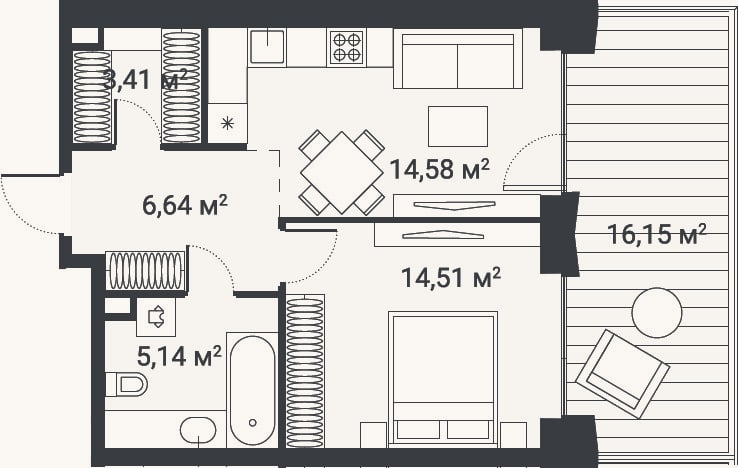 Планировка: 1-к, 43,9 м²