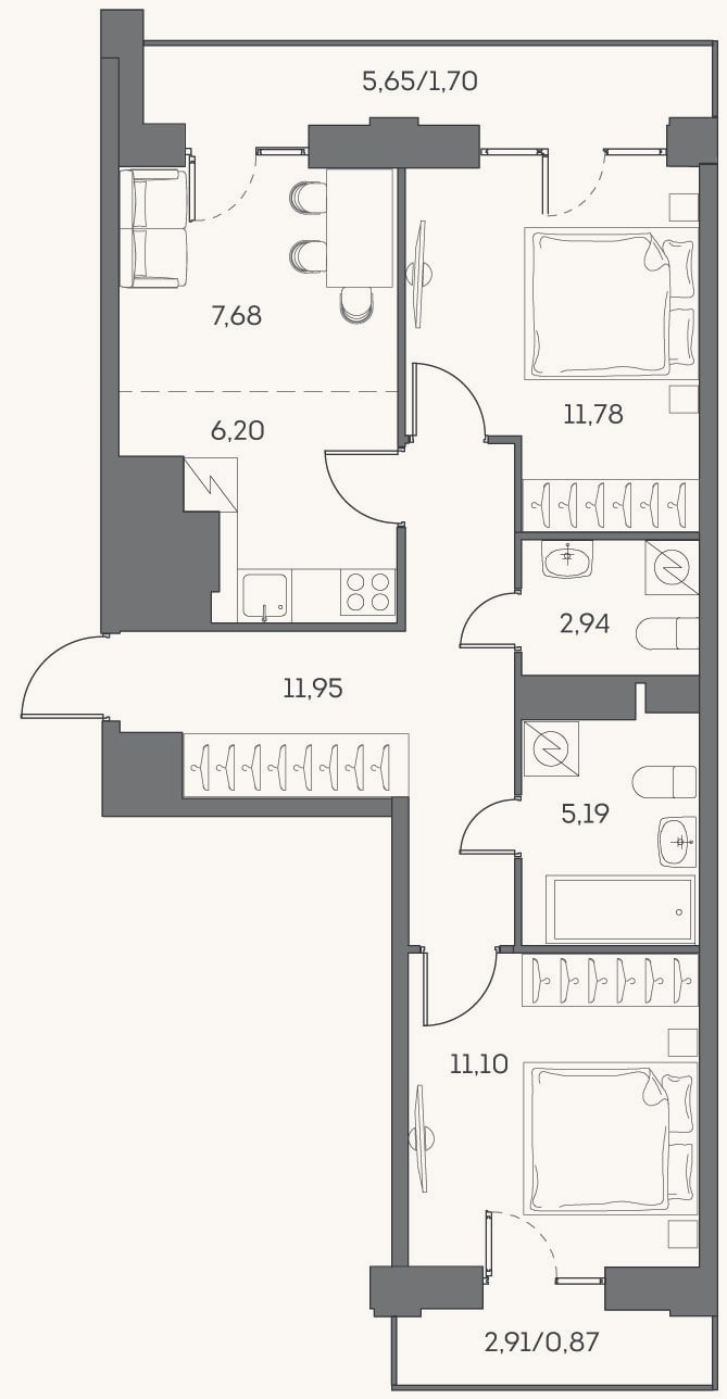 Планировка: 3-к, 56,8 м²