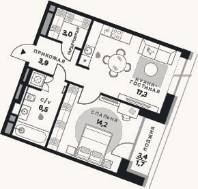 Планировка: 2-к, 44,9 м²