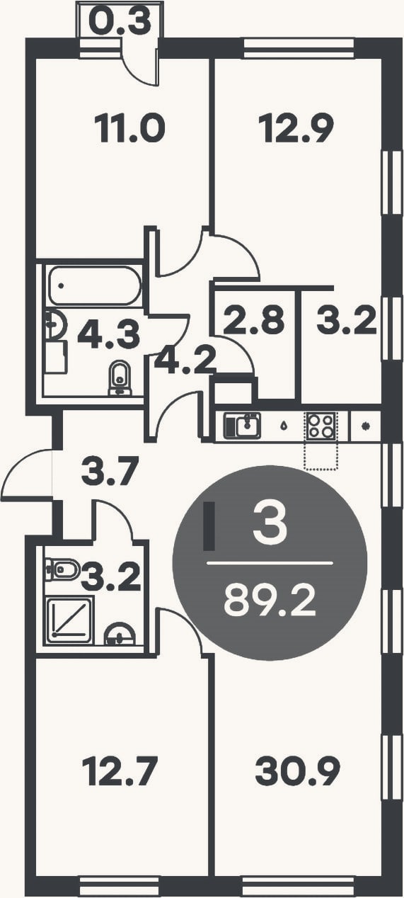 Планировка: 3-к, 88,9 м²