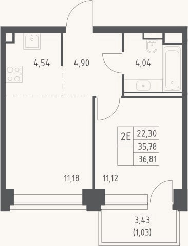 Планировка: 2-к, 35,8 м²