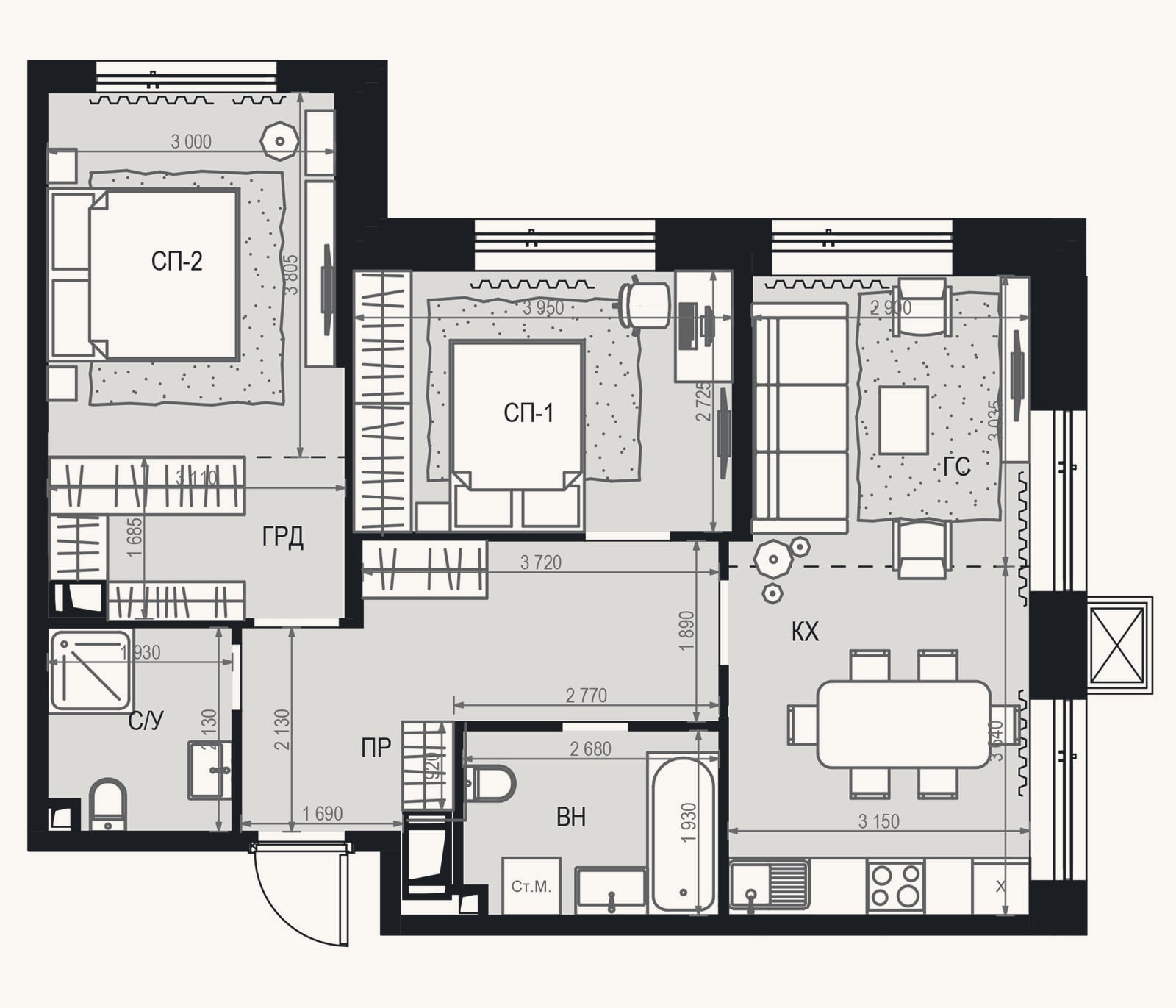 Планировка: 3-к, 66,1 м²