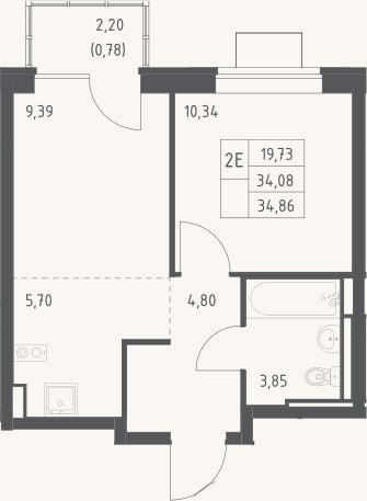 Планировка: 2-к, 34,1 м²