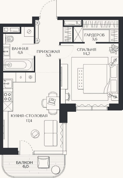 Планировка: 2-к, 50 м²
