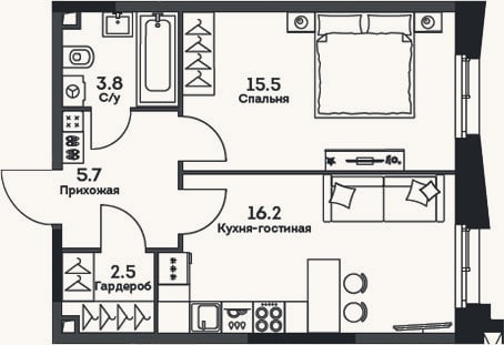 Планировка: 2-к, 43,7 м²