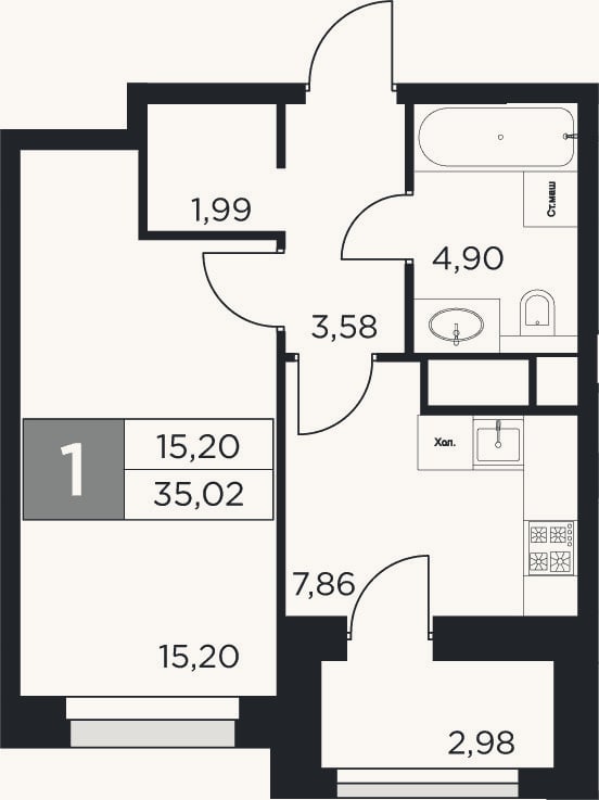 Планировка: 1-к, 33,5 м²