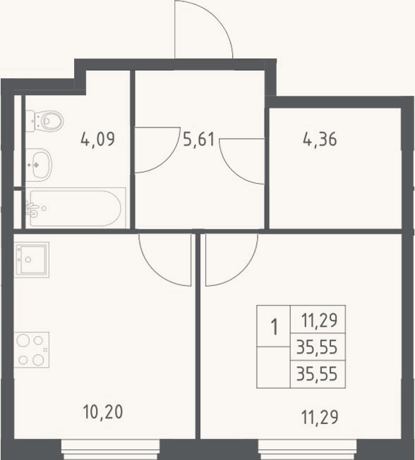 Планировка: 1-к, 35,6 м²