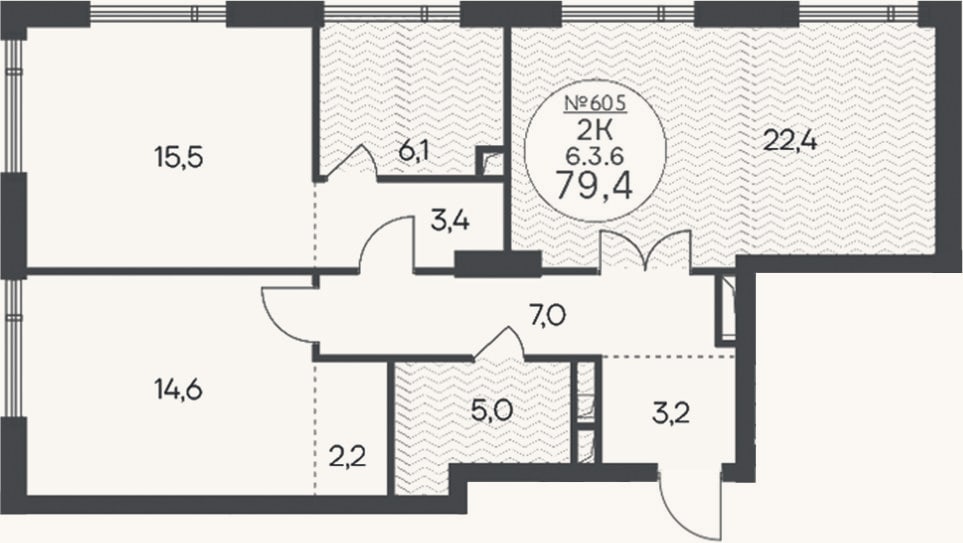 Планировка: 2-к, 79,4 м²