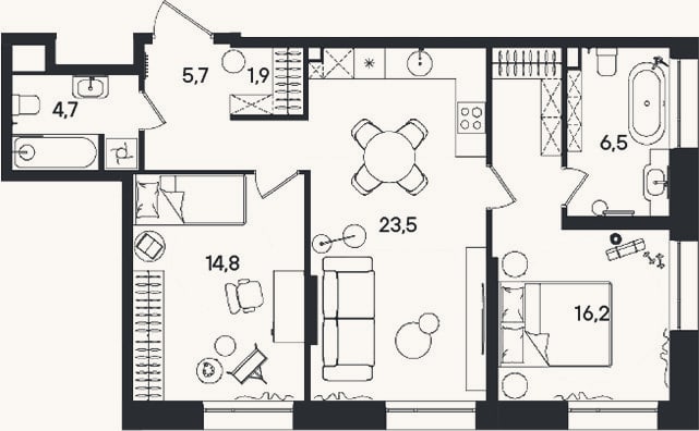 Планировка: 3-к, 73,3 м²