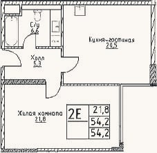Планировка: 2-к, 54,2 м²