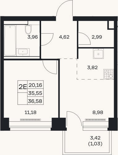 Планировка: 2-к, 35,6 м²