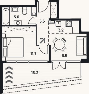 Планировка: 2-к, 33,9 м²
