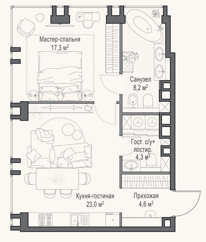 Планировка: 2-к, 57,8 м²