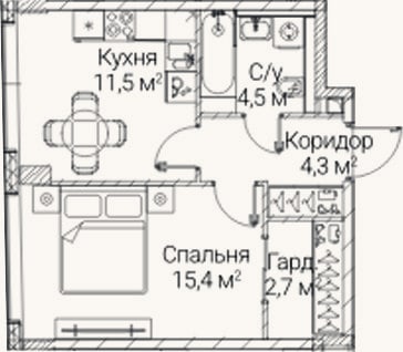Планировка: 1-к, 38,4 м²