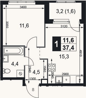 Планировка: 2-к, 35,8 м²