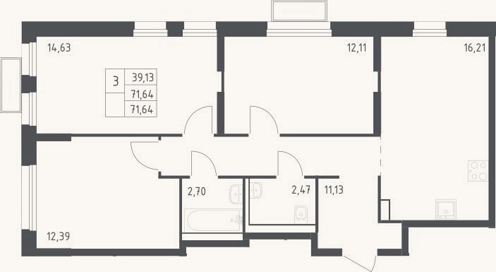 Планировка: 3-к, 71,6 м²