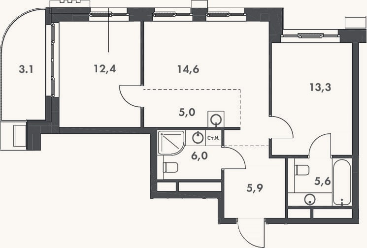 Планировка: 3-к, 62,8 м²