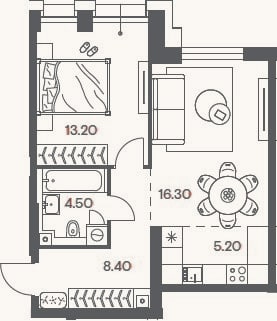 Планировка: 2-к, 47,6 м²