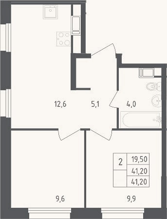 Планировка: 2-к, 41,2 м²