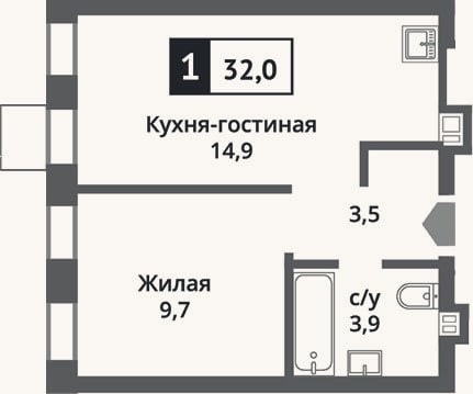 Планировка: 2-к, 32 м²