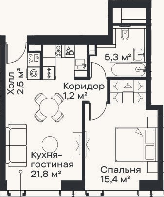 Планировка: 2-к, 46,2 м²