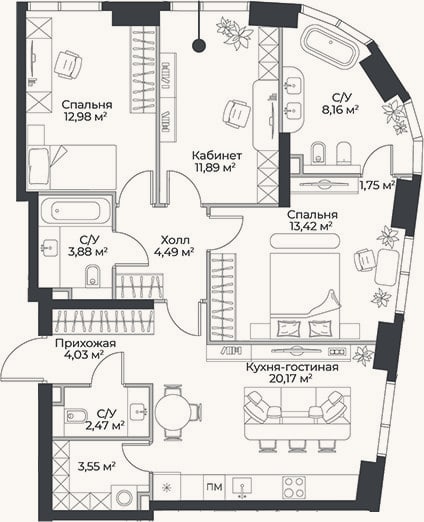 Планировка: 4+ к, 86,8 м²