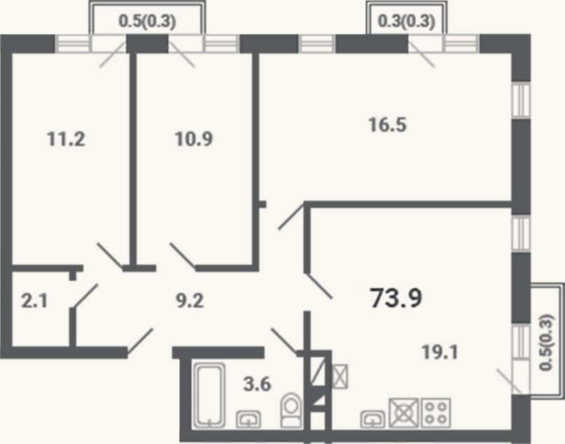 Планировка: 3-к, 72,6 м²