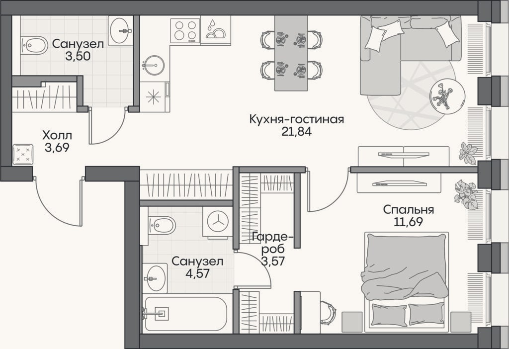 Планировка: 2-к, 48,4 м²