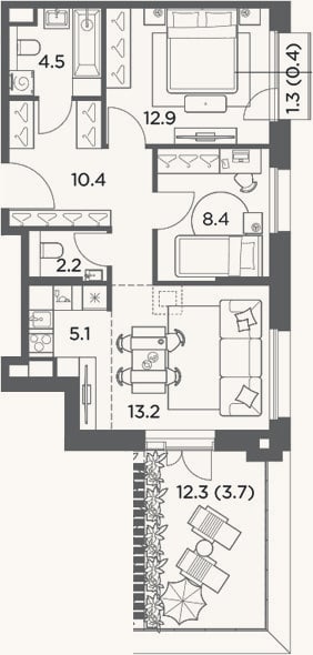 Планировка: 3-к, 56,7 м²