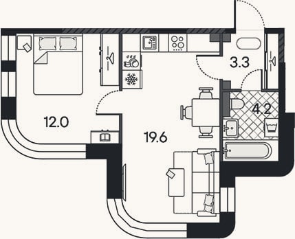 Планировка: 2-к, 39,1 м²