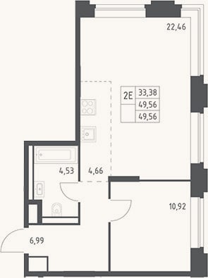 Планировка: 2-к, 49,6 м²