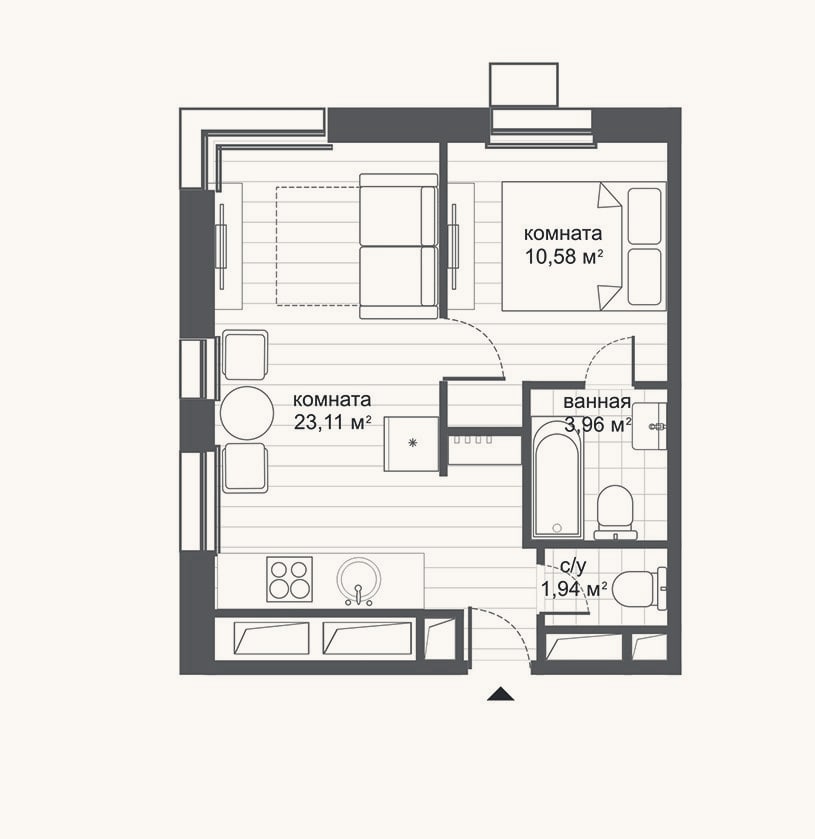 Планировка: 2-к, 39,6 м²