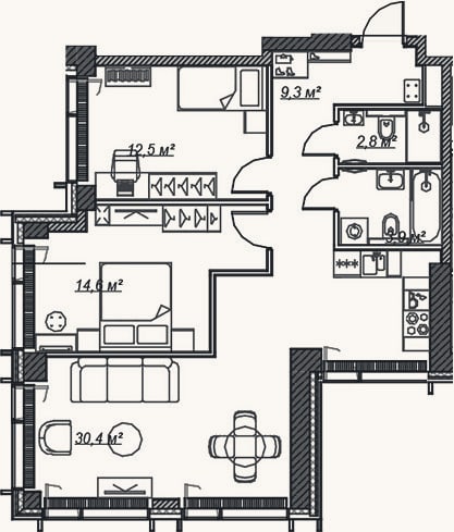 Планировка: 3-к, 73,5 м²