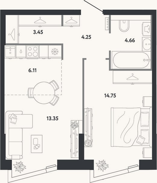 Планировка: 1-к, 46,6 м²