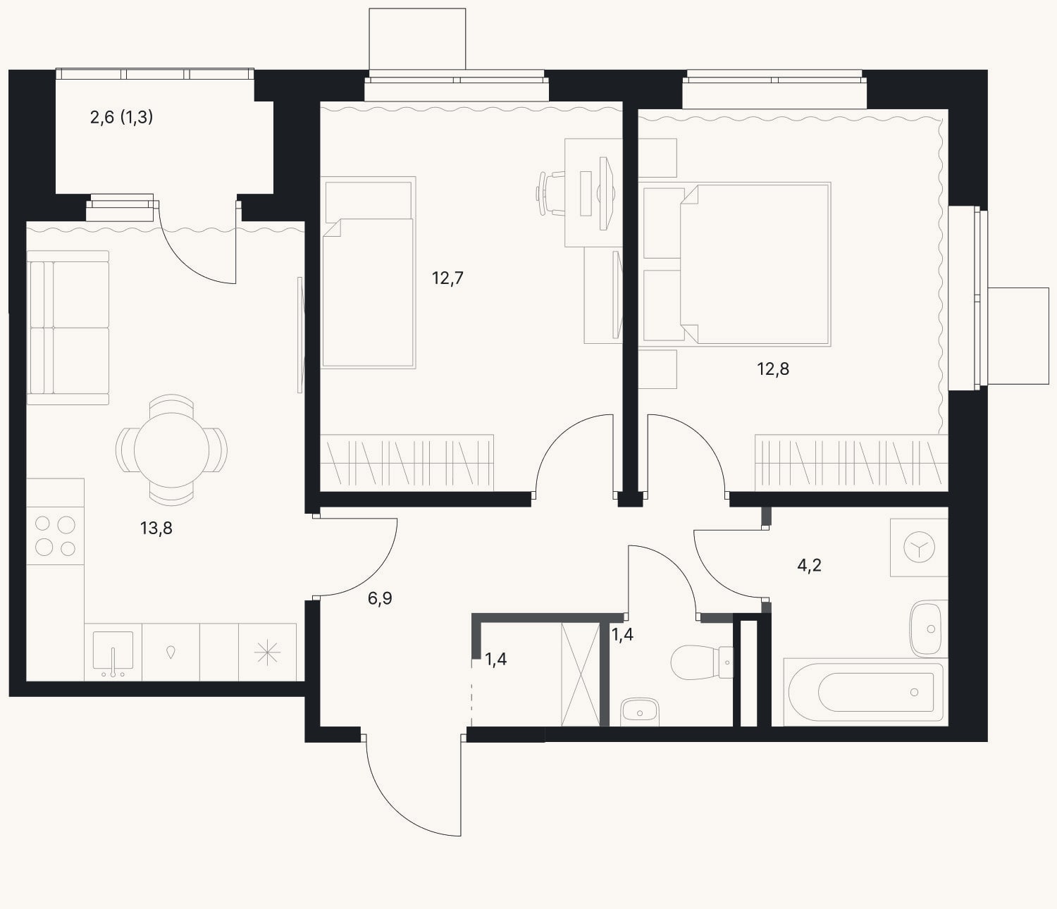 Планировка: 2-к, 53,2 м²