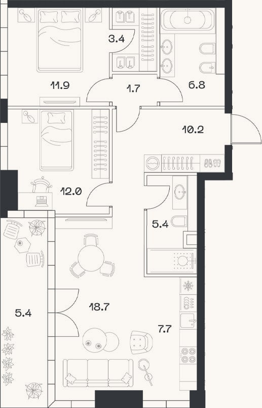 Планировка: 3-к, 77,3 м²