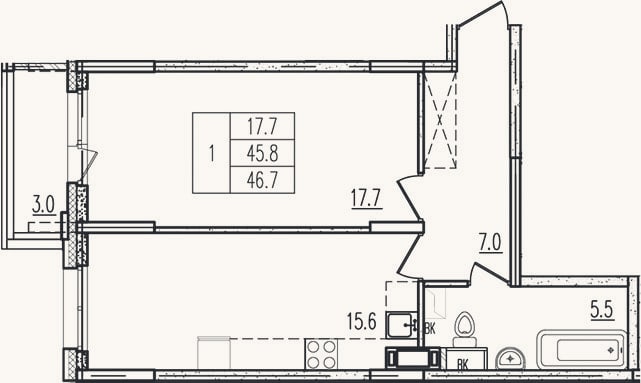 Планировка: 1-к, 45,8 м²