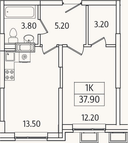 Планировка: 1-к, 37,9 м²