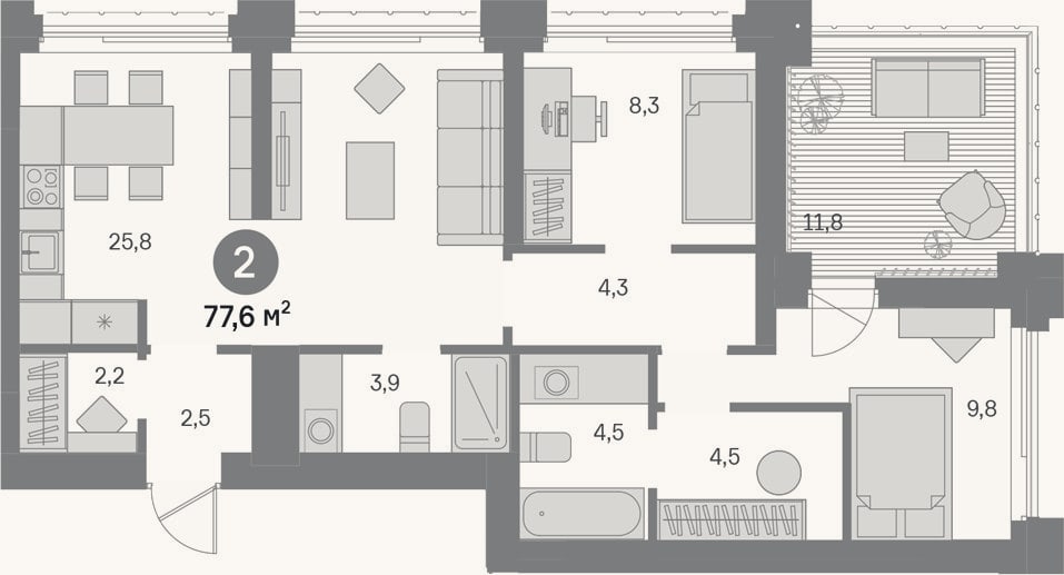 Планировка: 2-к, 65,8 м²