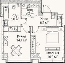 Планировка: 1-к, 45,4 м²