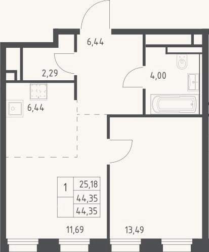 Планировка: 2-к, 44,4 м²