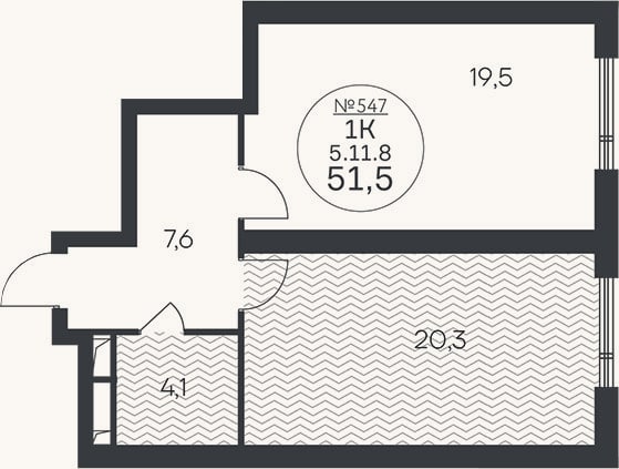 Планировка: 1-к, 51,5 м²