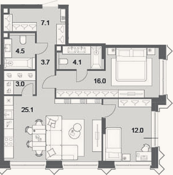 Планировка: 3-к, 75,4 м²