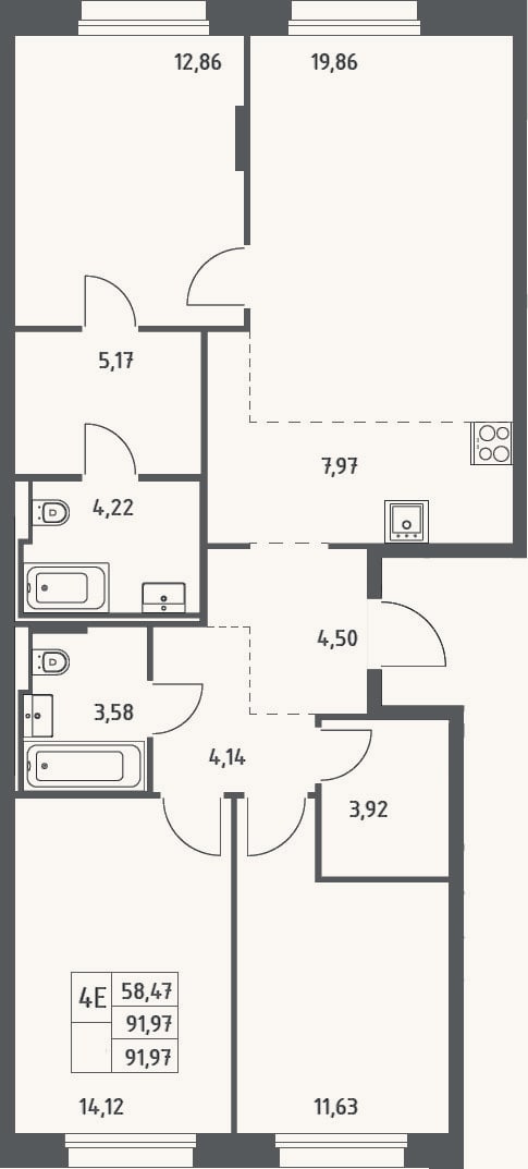 Планировка: 4+ к, 92 м²