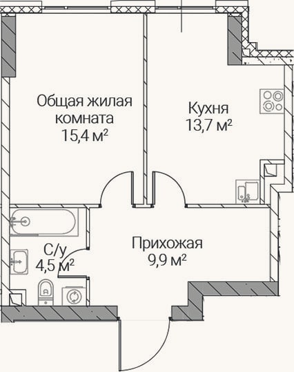 Планировка: 1-к, 43,5 м²